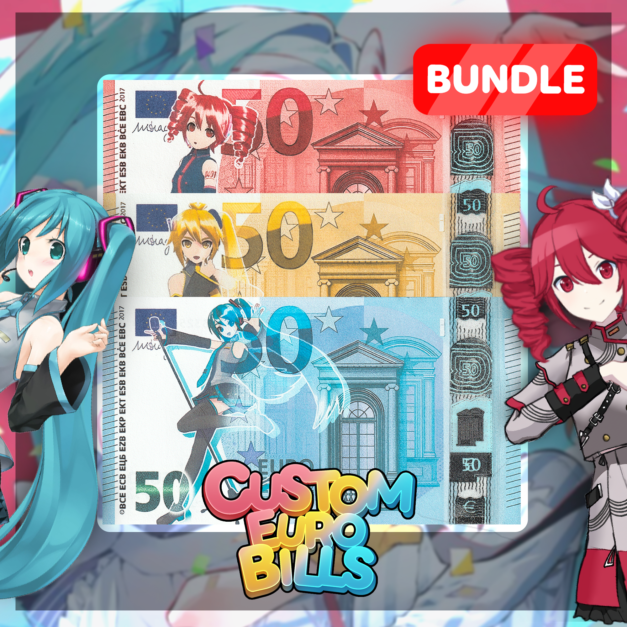 Vocaloid Custom Euro Bills Bundle - Miku, Teto & Neru Edition - Custom Vocaloid Euro Bill Series