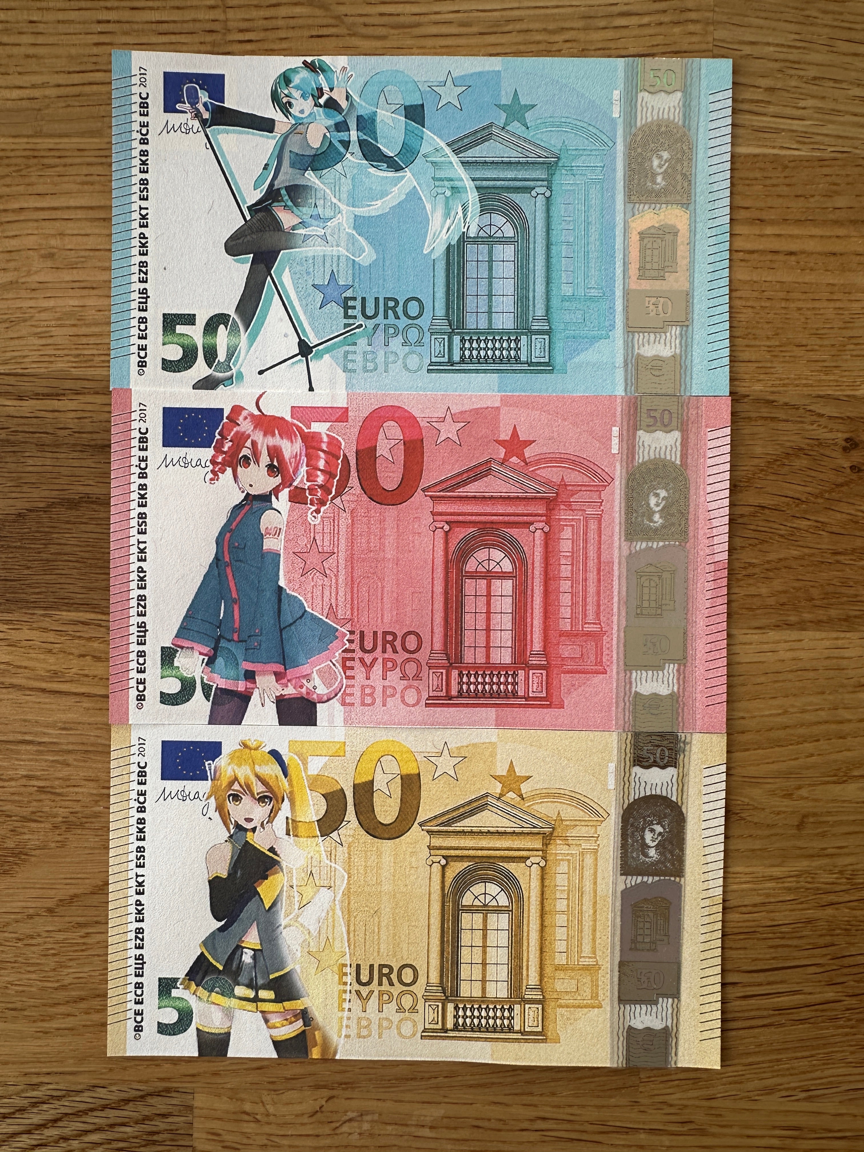 Vocaloid Custom Euro Bills Bundle - Miku, Teto & Neru Edition - Custom Vocaloid Euro Bill Series