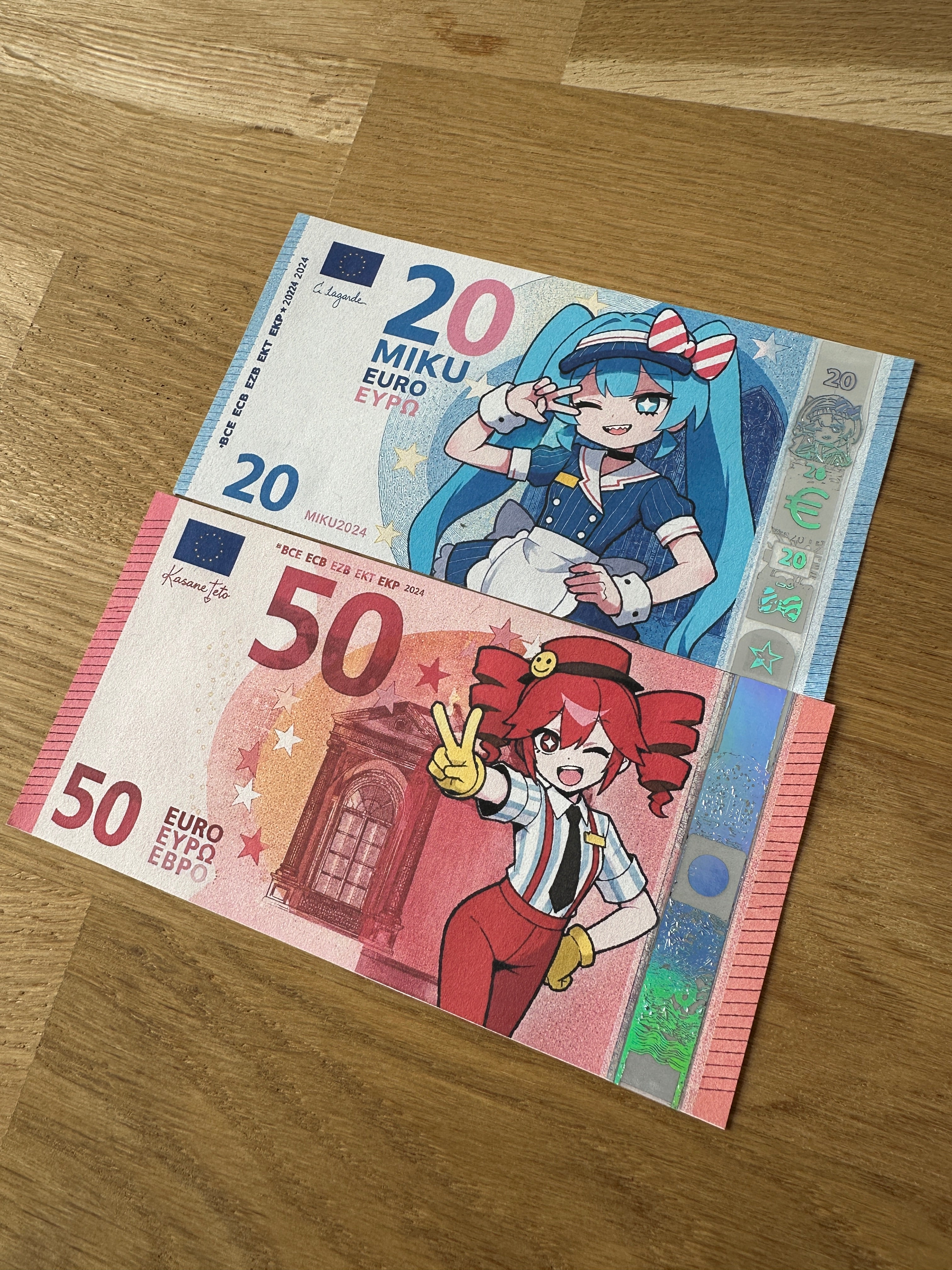 Miku & Teto - New Gen 2-Piece Custom Anime Euro Banknote Bundle (20 & 50)