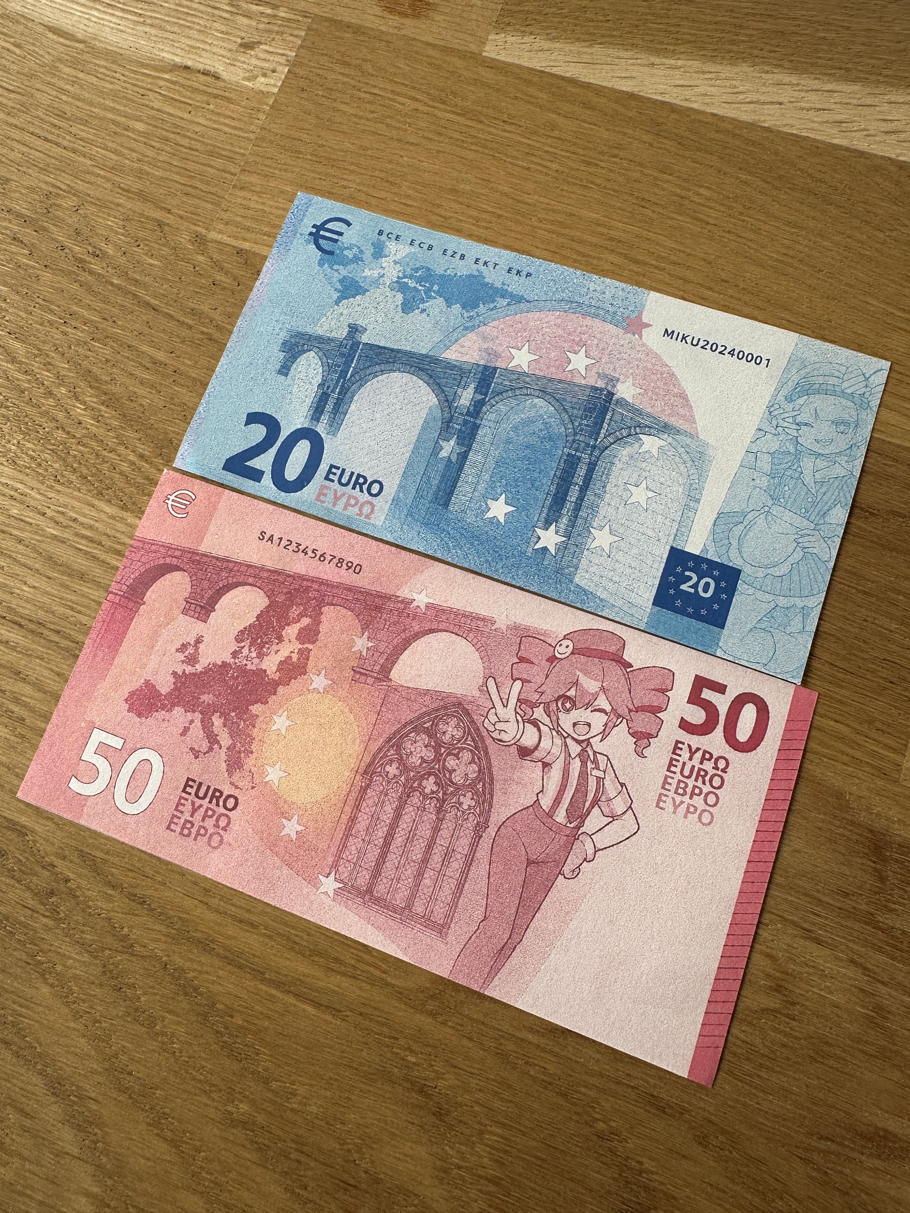 Miku & Teto - New Gen 2-Piece Custom Anime Euro Banknote Bundle (20 & 50)