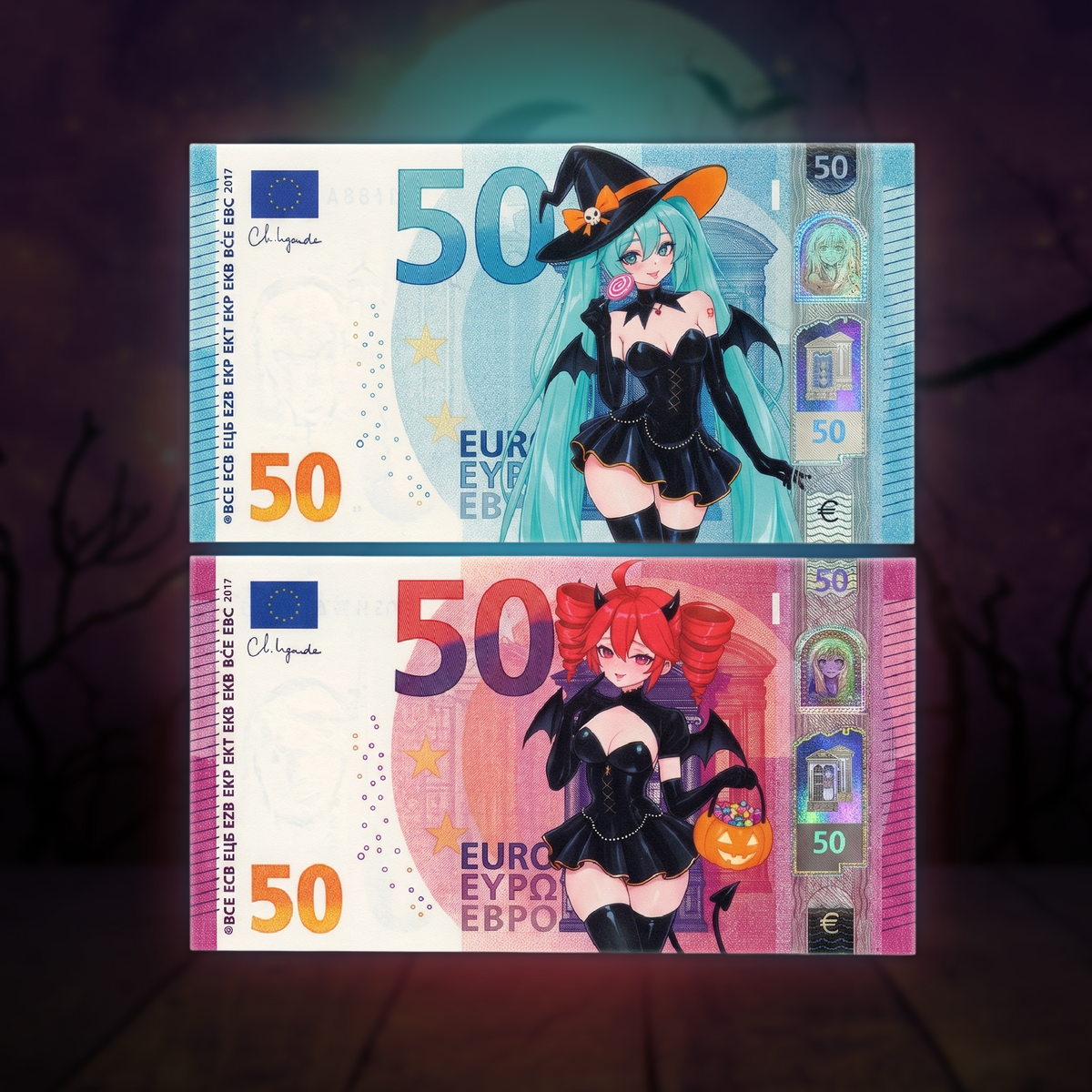 Witch Miku & Teto - 2-Piece Custom Anime Euro Banknote Bundle (x2 50)