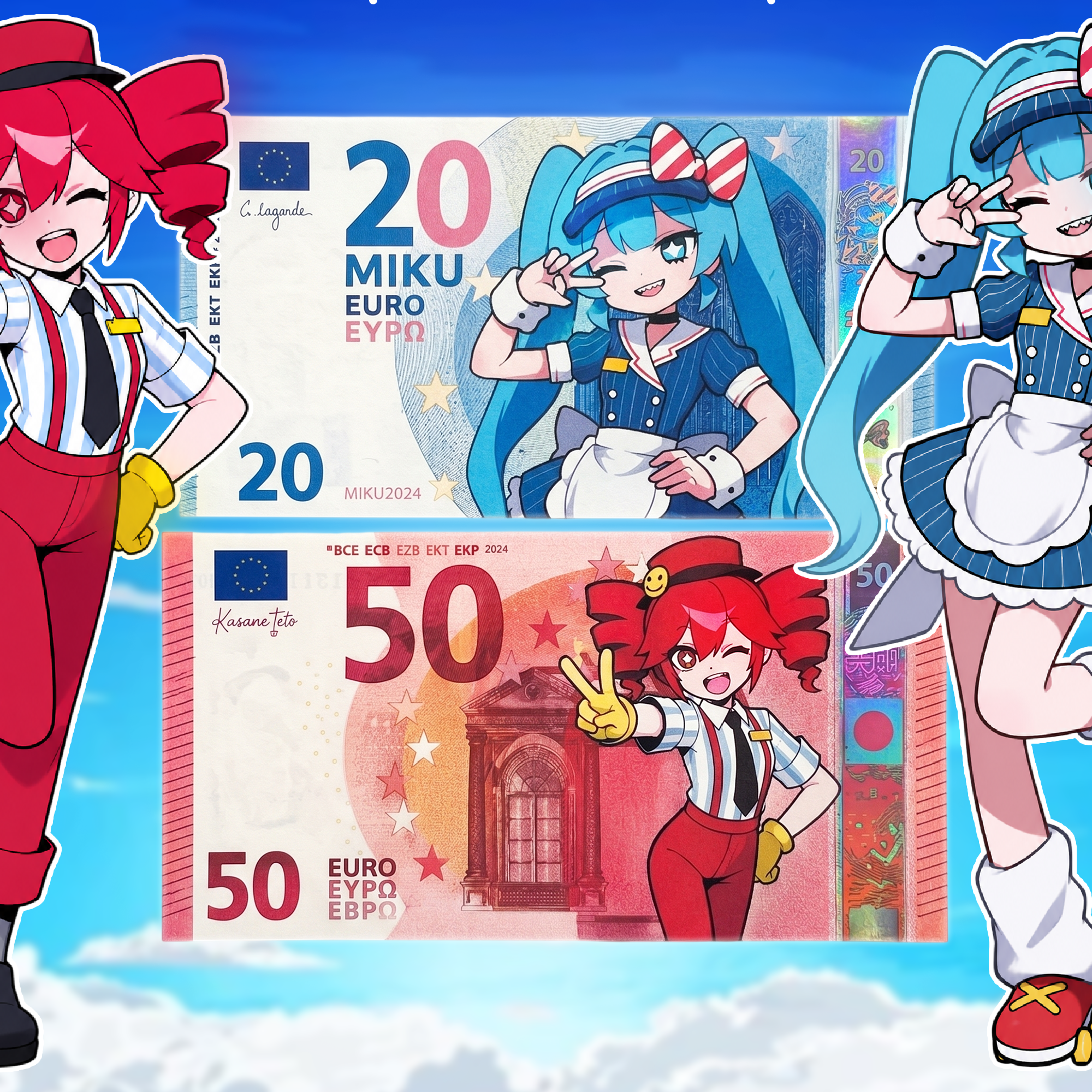 Miku & Teto - New Gen 2-Piece Custom Anime Euro Banknote Bundle (20 & 50)